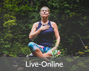 A woman meditates with her hand over her heart; the words "Live-Online" are at the bottom of the im