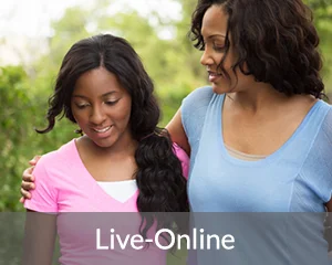 A woman has her arm wrapped around the shoulders of a teenager; the words "Live-Online" are at the bottom of the image