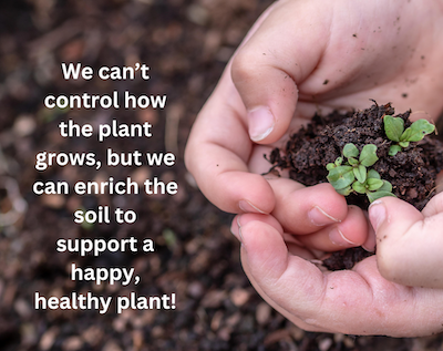 The image of hands with the plant and soil. We can't control how the plant grows, but we can enrich the soil to support a happy, healthy planet.