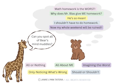 Spots the giraffe is the resilience animal that can help us to “spot” our feelings, thoughts, five-senses and sensations. Spots invites us to “spot” Bear’s mind muddles: how bear has to do a math homework.