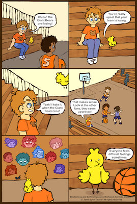 Image of a comic page from the book:  Mindfulness and Self-Compassion Workbook for Kids, Volume 1.