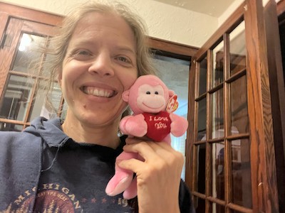 Jamie-Lynn with a stuff animal as a present from her student.