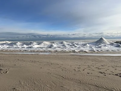 Lake Michigan with the ice in the winter.