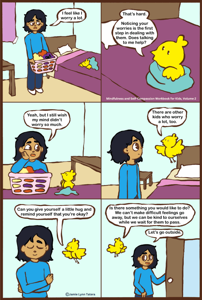 Comic with a girl who worries and a chick who helps her practice self-compassion