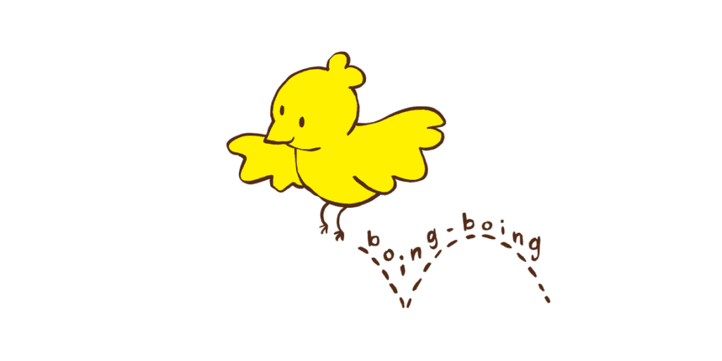 Yellow curious chick named Curi bouncing