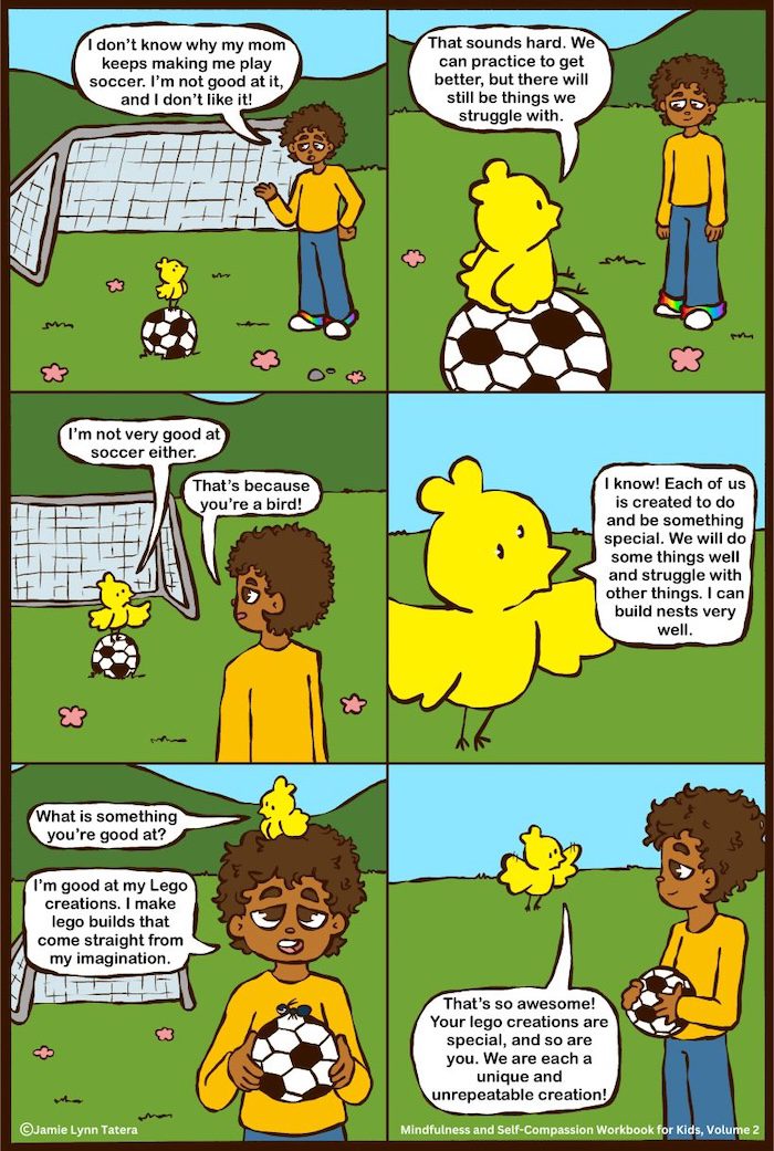 Comic showing a child upset about being made to play soccer while Curi the Curious Chick offers perspective. Curi explains that everyone has strengths and struggles, shares that birds aren’t good at soccer but are good at building nests, and invites the child to name something they’re good at. The child shares their love of Lego creations, and Curi affirms that each person is unique and special.
