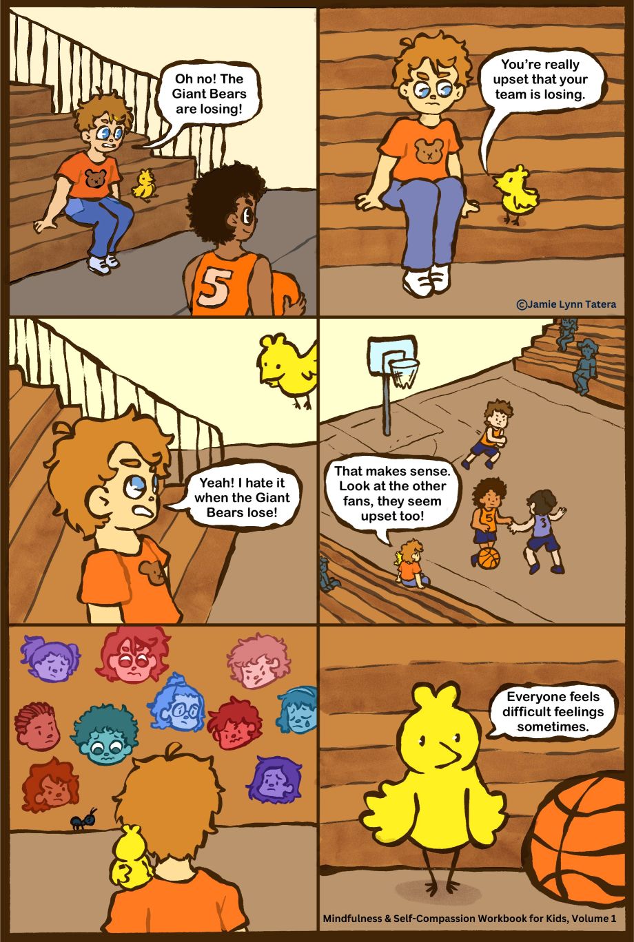 Comic illustrating common humanity and self-compassion for kids: a child upset that their basketball team is losing learns that everyone feels difficult feelings sometimes.