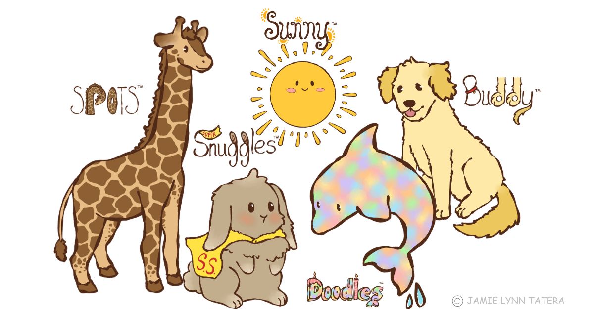 The five Resilience Habit Animals from the Mindfulness and Self-Compassion Workbook for Kids: Spots the giraffe, Buddy the dog, Snuggles the bunny, Doodles the dolphin, and Sunny the sun