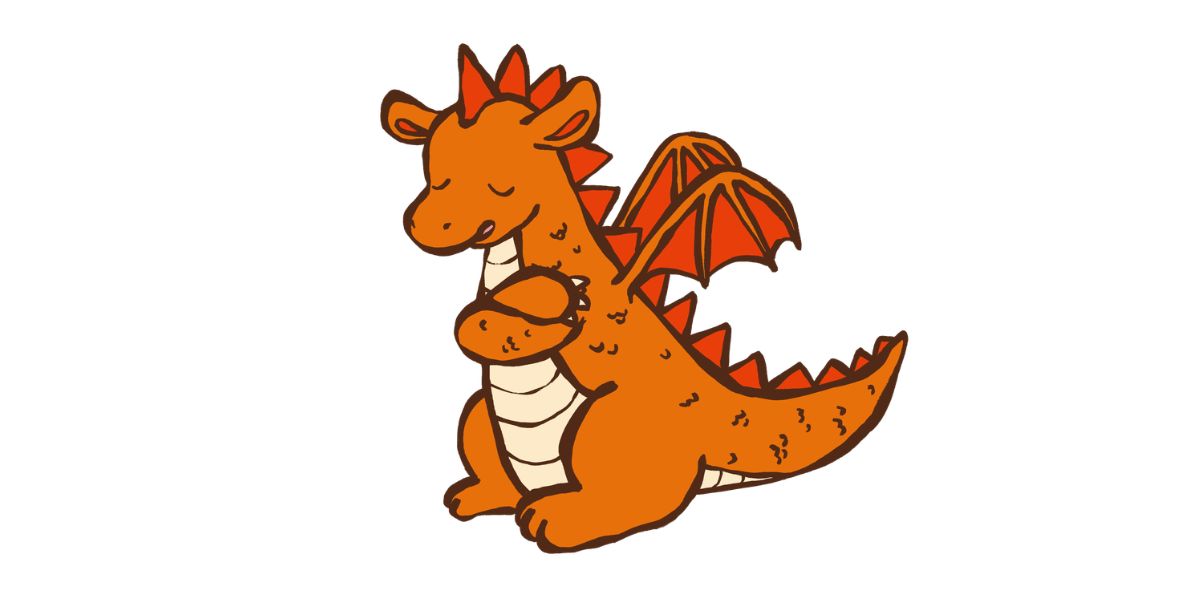 Flame the dragon hugging herself in a self-compassion break for kids