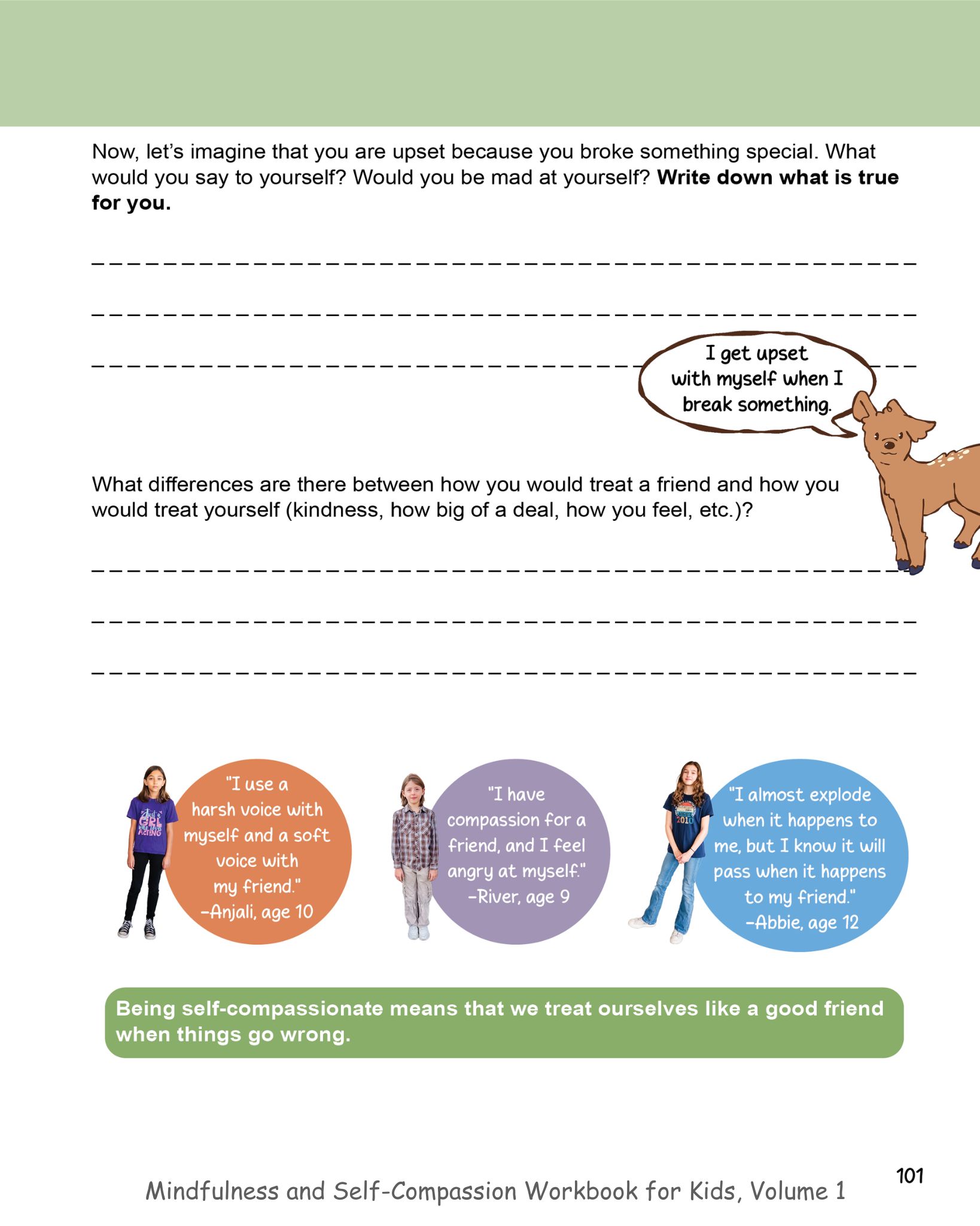 Mindfulness and Self-Compassion Workbook for Kids Volume 1, page 101, How Would You Treat a Friend activity showing children's responses comparing self-talk and friend-talk
