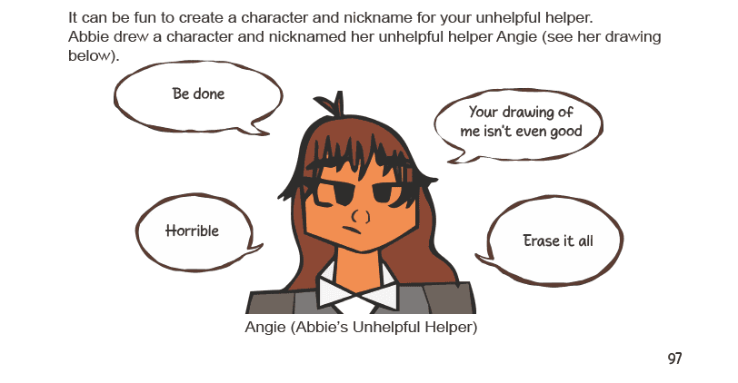 Workbook page showing a child drawing her unhelpful helper, the inner critic, and naming it Angie.