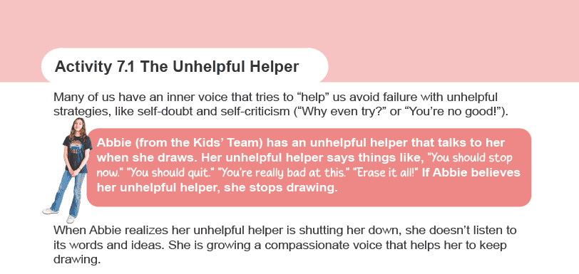 Workbook page showing a child drawing her unhelpful helper, the inner critic, and naming it Angie.
