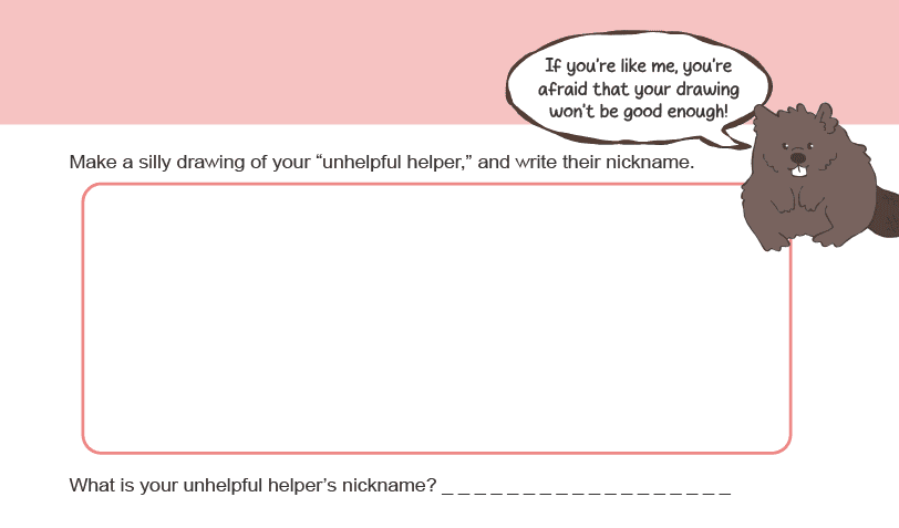 Workbook page showing a child drawing her unhelpful helper, the inner critic, and naming it Angie.