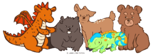 The five Feelings Habit Animals: Bear, Beaver, Deer, Chameleon, and Flame the dragon