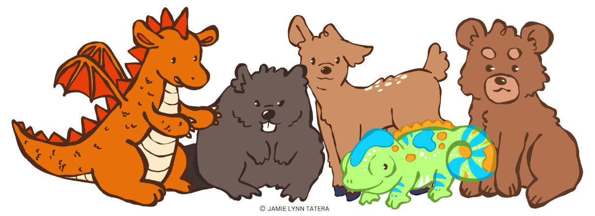 The five Feelings Habit Animals: Bear, Beaver, Deer, Chameleon, and Flame the dragon